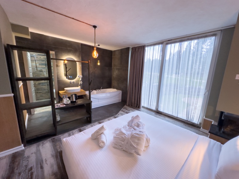 Deluxe Double Room featuring romantic setting with cozy fireplace, freestanding bathtub, and scenic view